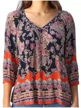Bila V-Neck 3/4 Sleeve Paisley Printed Flowy Peasant Blouse Top Sz S